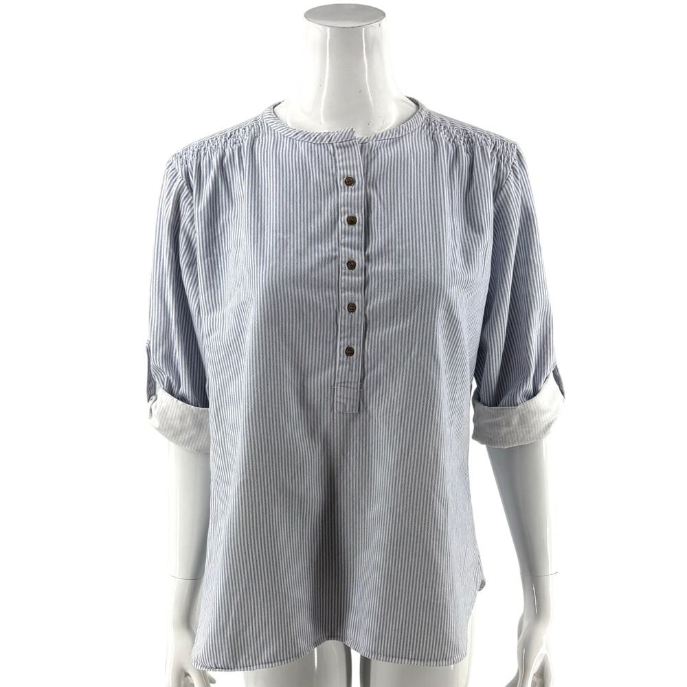 Civilian Womens Top Sz 14 Blue Whjte Striped Cotton Roll Tab Sleeve Button Neck